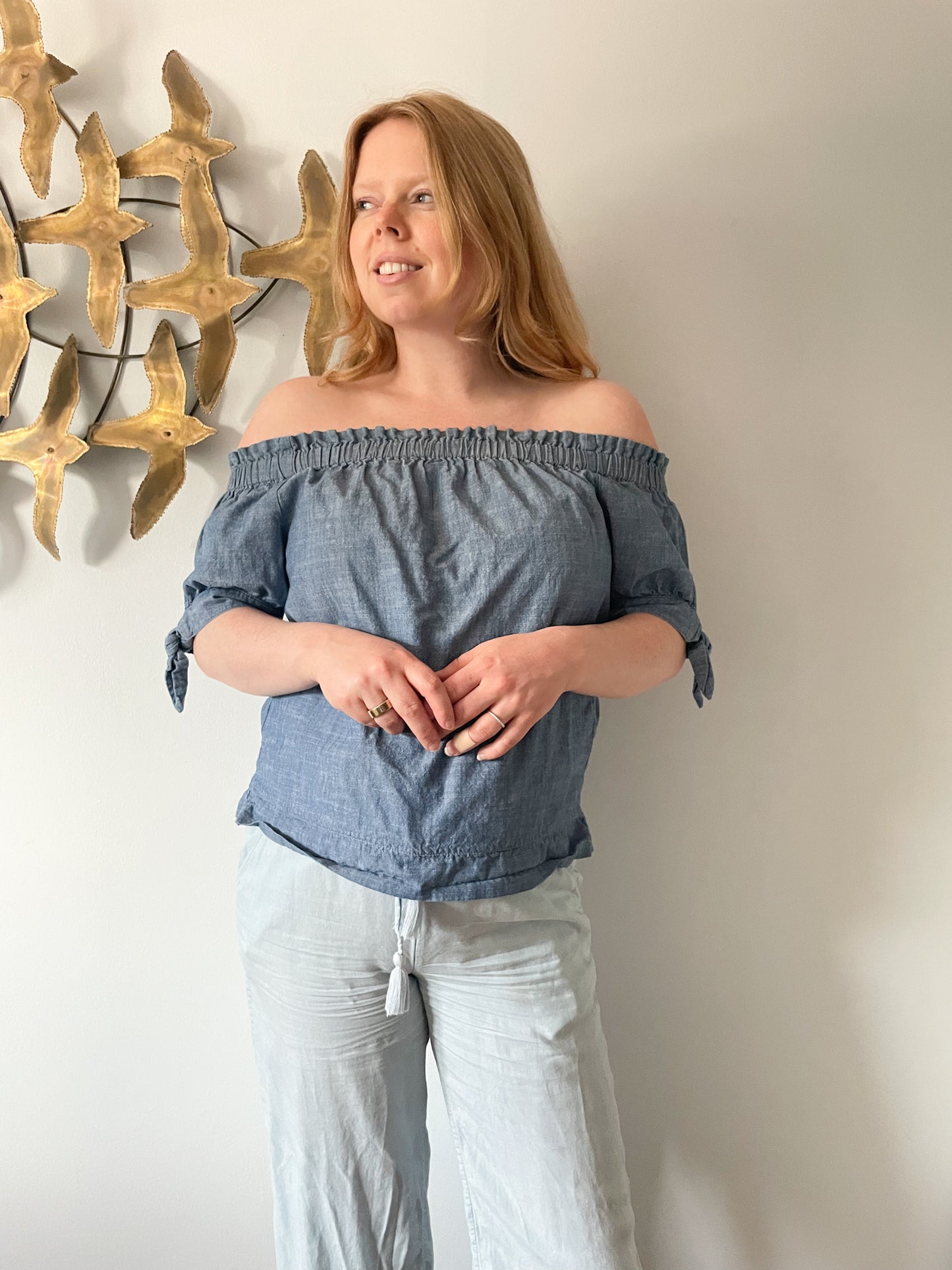 J. Crew Chambray Denim 100% Cotton Ruffle Off The Shoulder Top - S/M