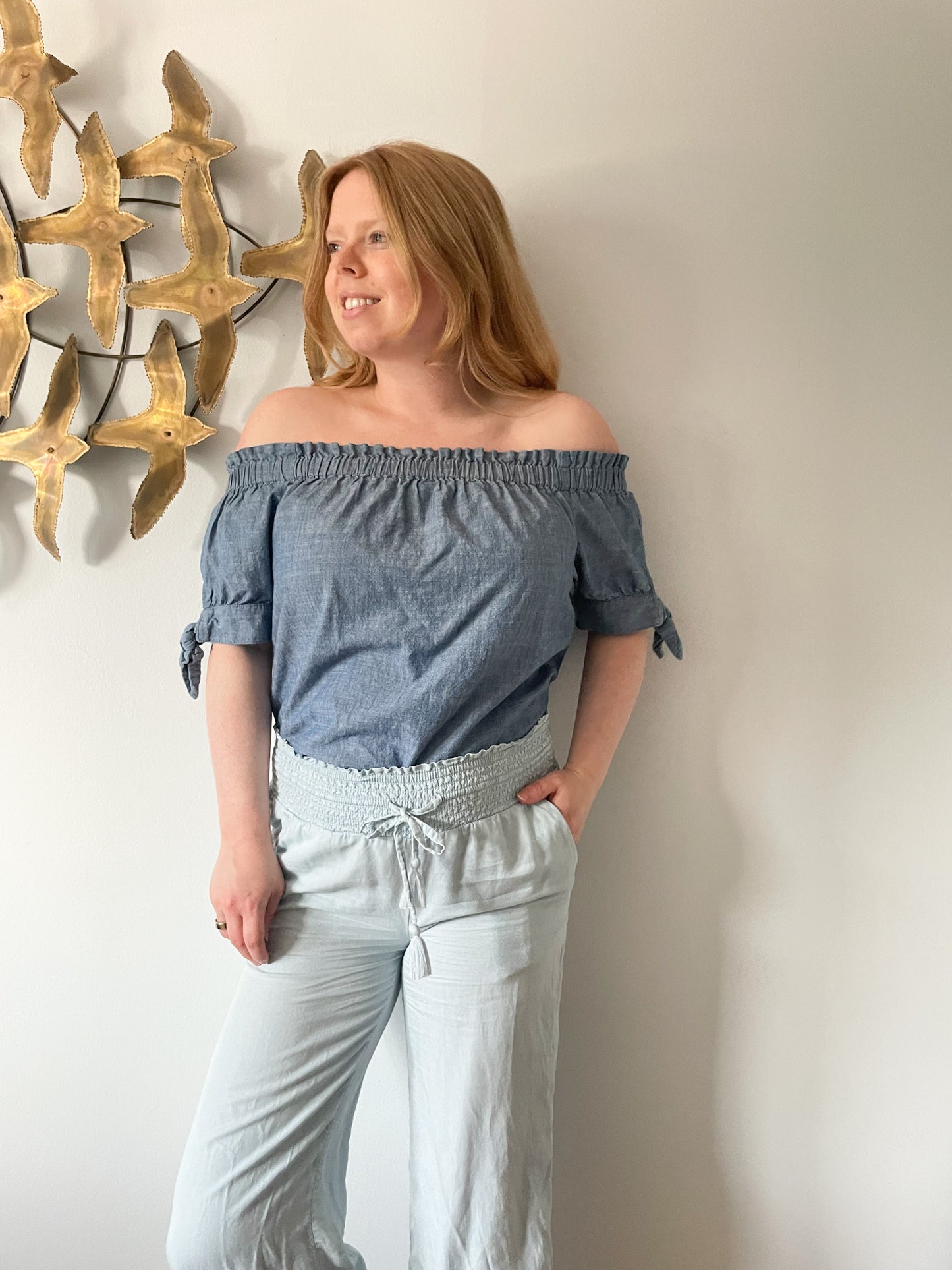 J. Crew Chambray Denim 100% Cotton Ruffle Off The Shoulder Top - S/M