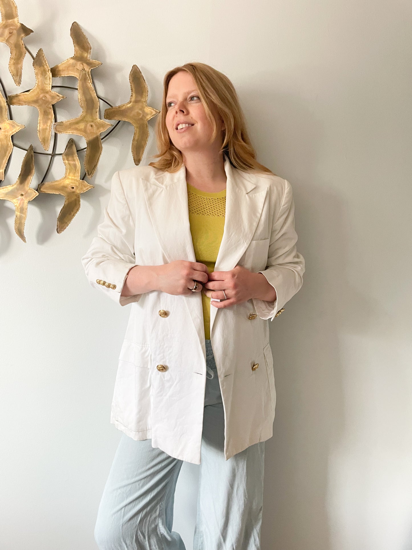 Ralph Lauren Vintage White 100% Cotton Gold Button Blazer - Size 12