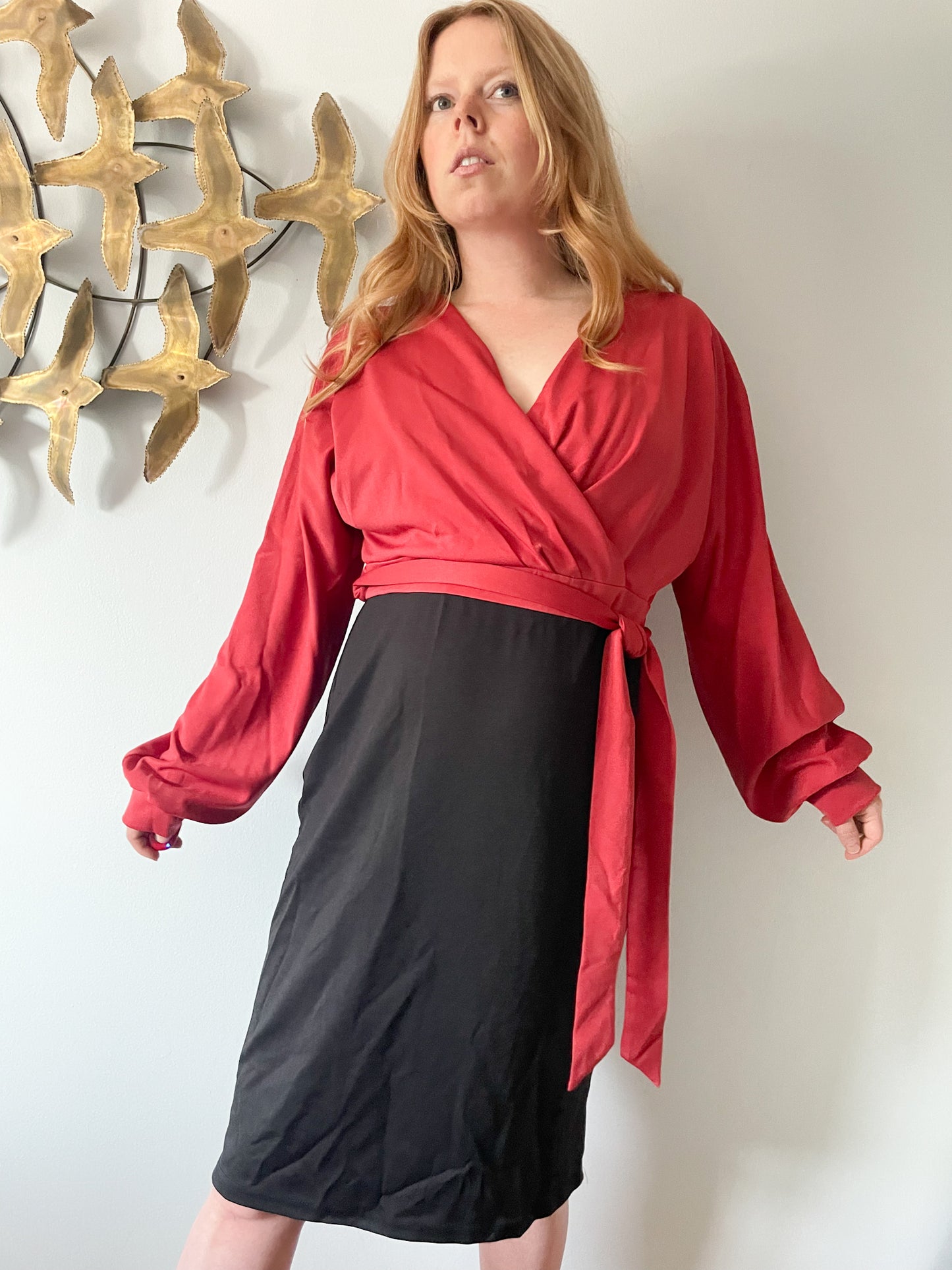 Grace Karin Sunset Red Black Balloon Sleeved Colour Block Dress NWT - XL