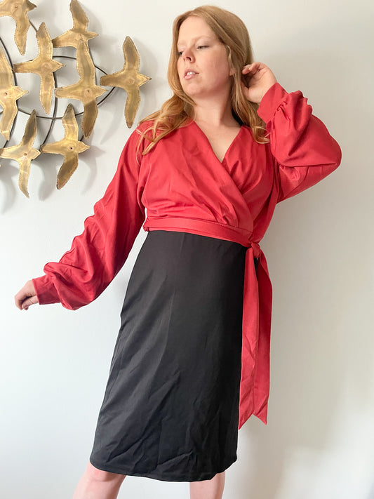 Grace Karin Sunset Red Black Balloon Sleeved Colour Block Dress NWT - XL