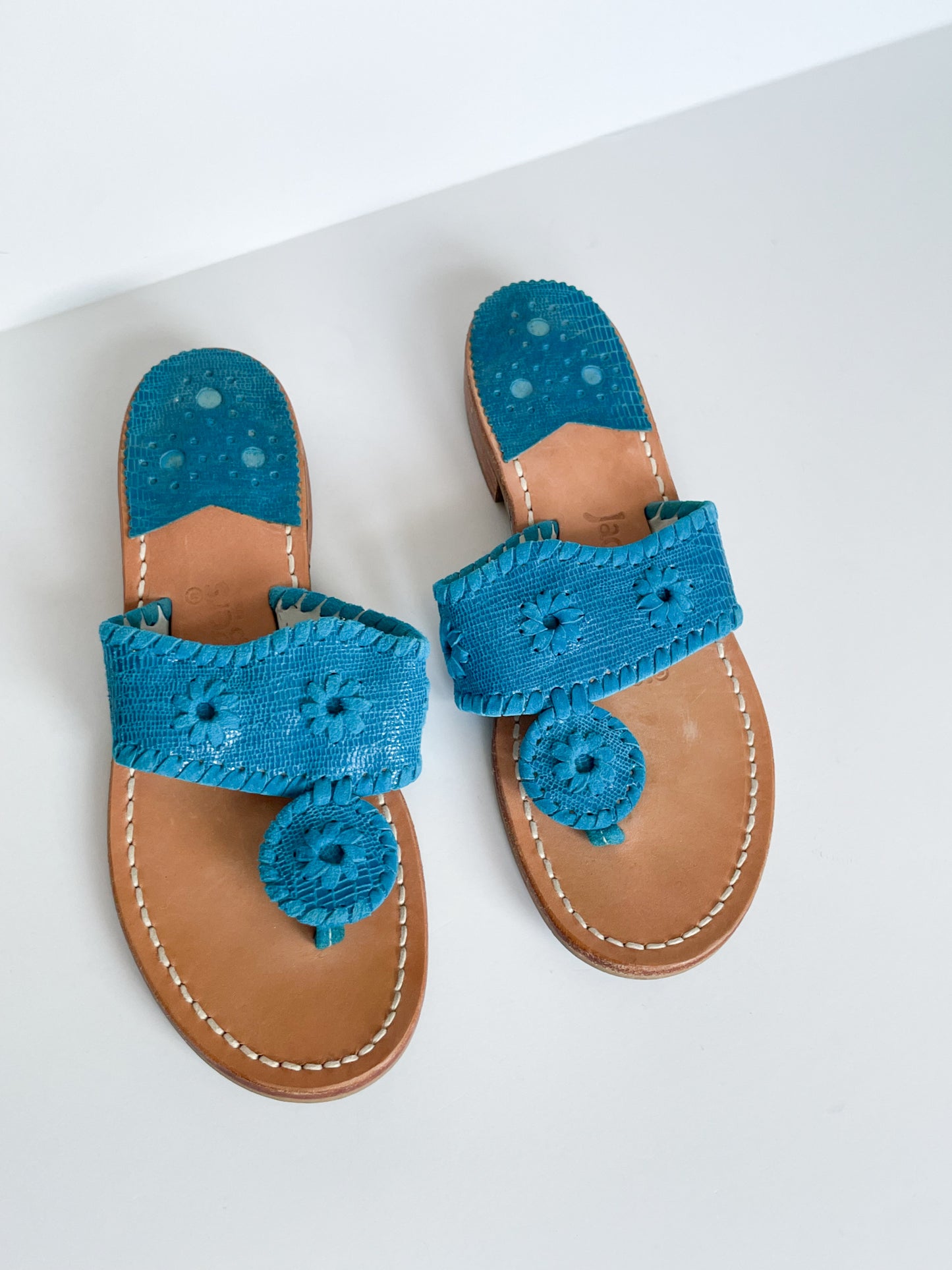 Jack Rogers Leather Turquoise Flat Slide Sandals - Size 5