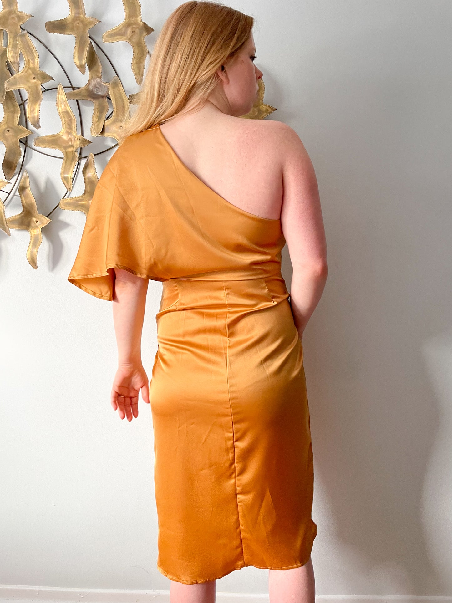 Gold One-Shoulder Wrap Style Satin Knee Length Gown Dress - Large