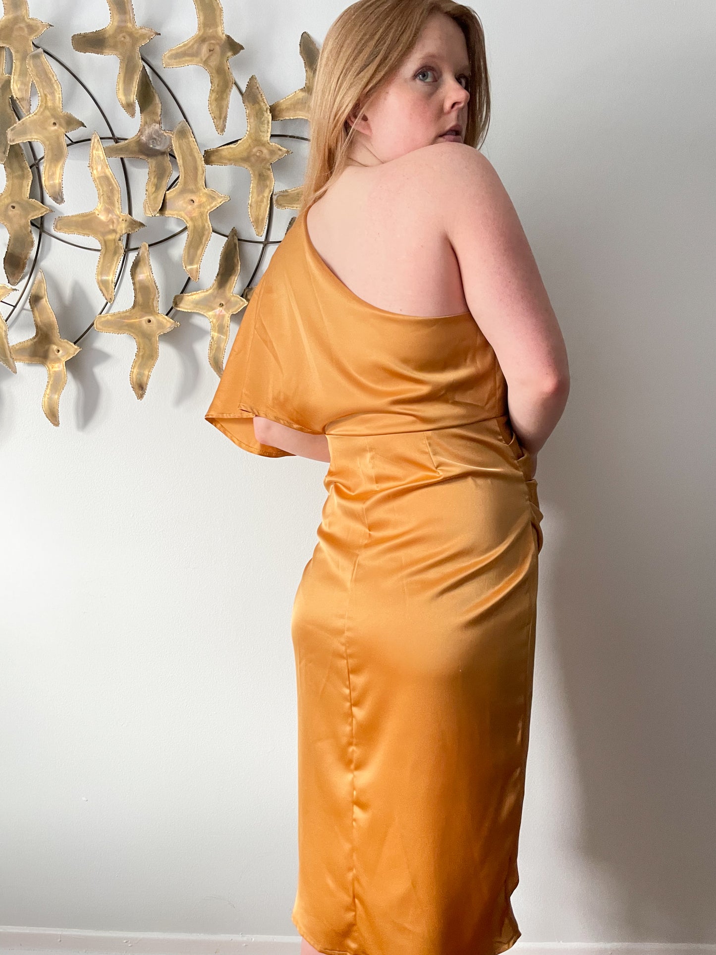 Gold One-Shoulder Wrap Style Satin Knee Length Gown Dress - Large