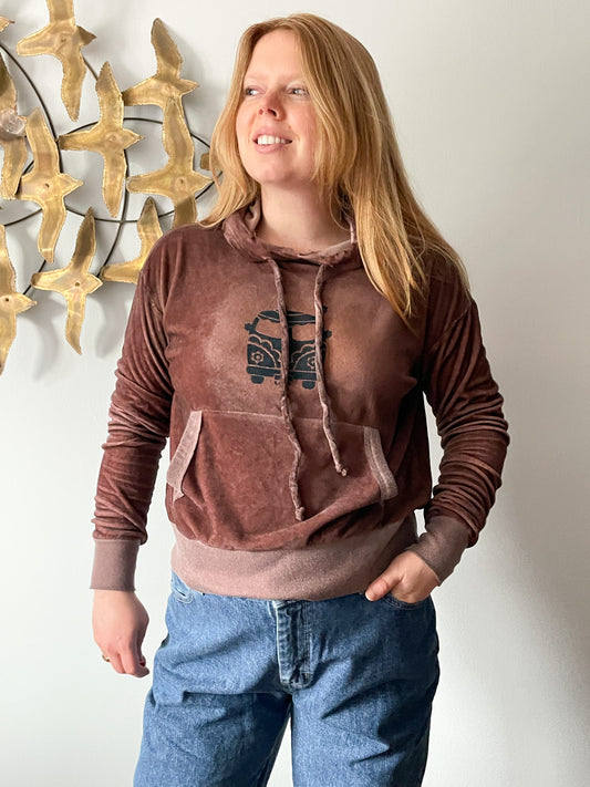 Upcycled Burgundy Brown Hippie Van Love Bus Cropped Hooded Sweater - S/M