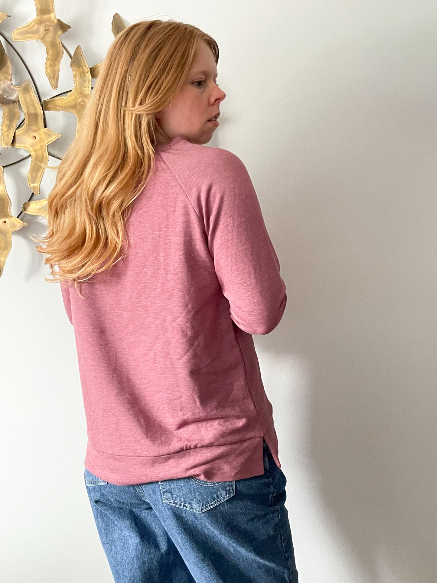 Upcycled Heathered Dark Pink Sweater with Sparkling Falling Feathers - M/L