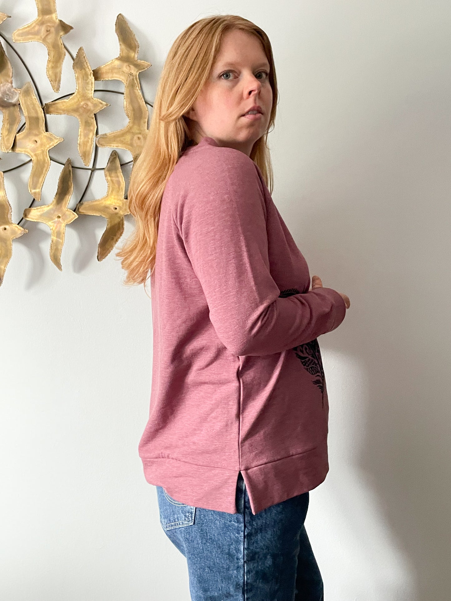 Upcycled Heathered Dark Pink Sweater with Sparkling Falling Feathers - M/L