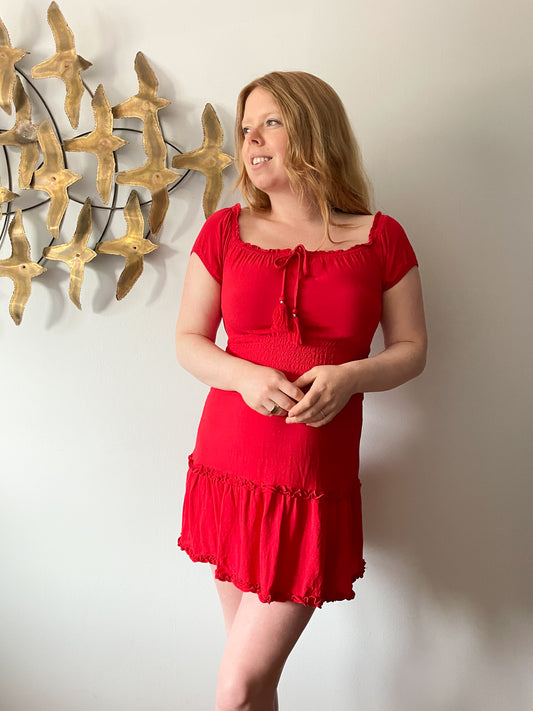 American Eagle Red Rouched Shoulder Fit Flare Ruffle Dress - S/M