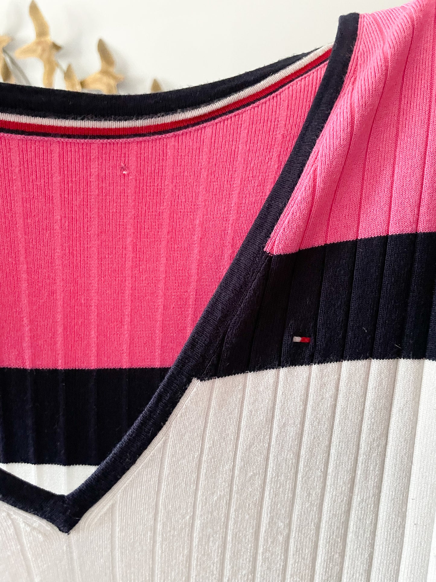 Tommy Hilfiger Navy Pink Stripe Ribbed Knit V-Neck Sleeveless Dress - M/L