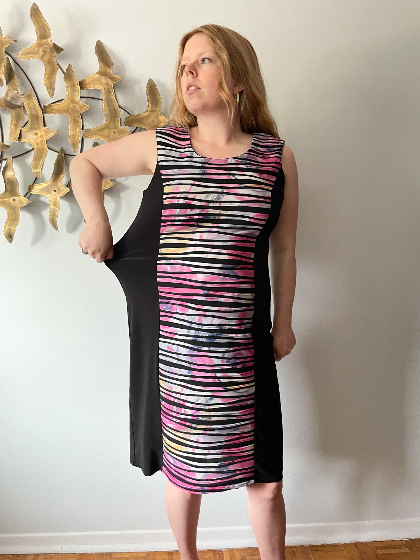 Soft Works Pink Watercolour Stripe Colourblock Sheath Sleeveless Dress - Large