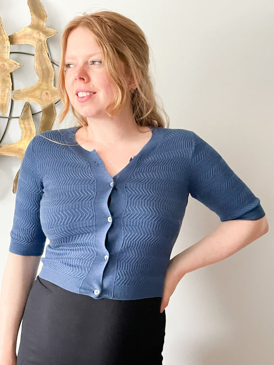 Lida Baday Blue Silk Cotton Cropped Cardigan Half Sleeve Sweater - XS/S