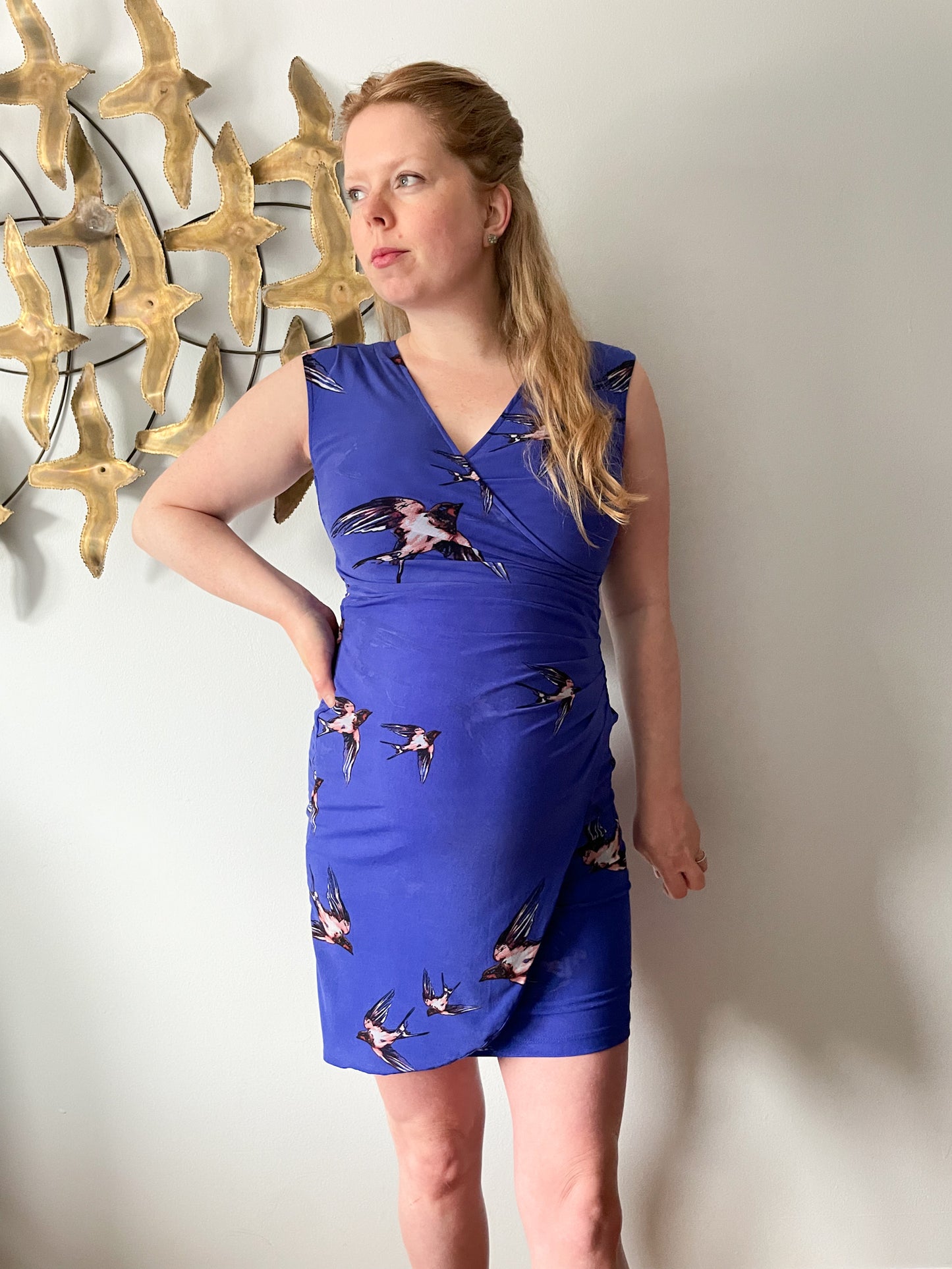 Le Chateau Royal Blue Bird Print Wrap Style V-Neck Dress - XS/S