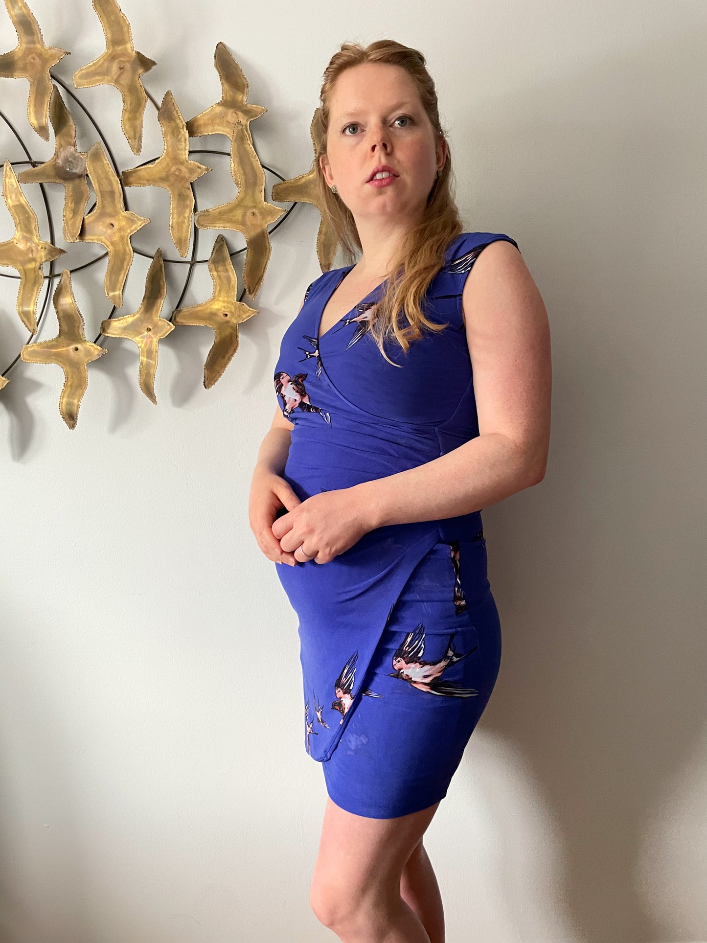 Le Chateau Royal Blue Bird Print Wrap Style V-Neck Dress - XS/S