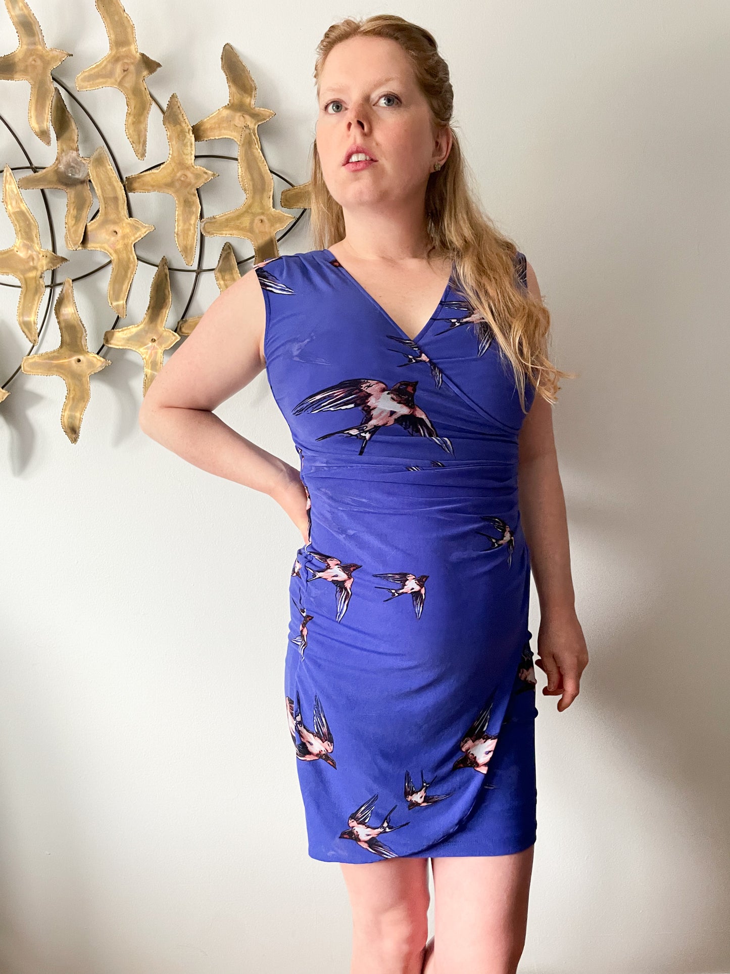 Le Chateau Royal Blue Bird Print Wrap Style V-Neck Dress - XS/S