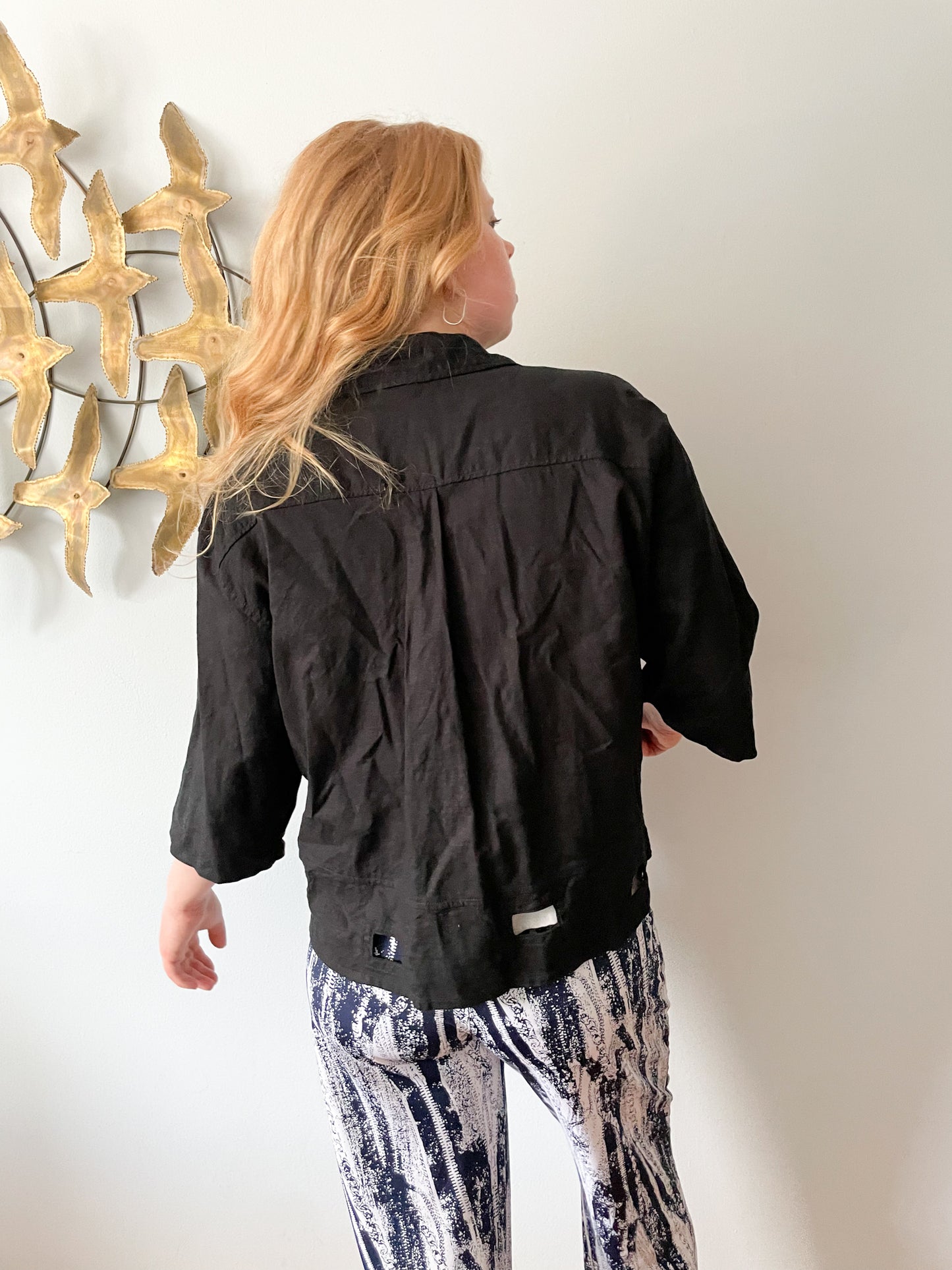 Tara Vao Black 100% Linen Cutout Hem Cropped Sleeve Blazer Jacket - XL