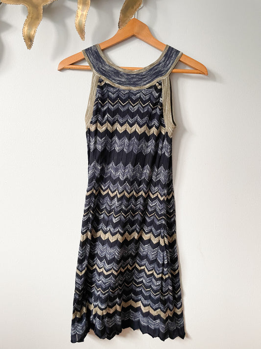 Blue Taupe Chevron 100% Cotton Knit Halter Sheath Dress - XS/S