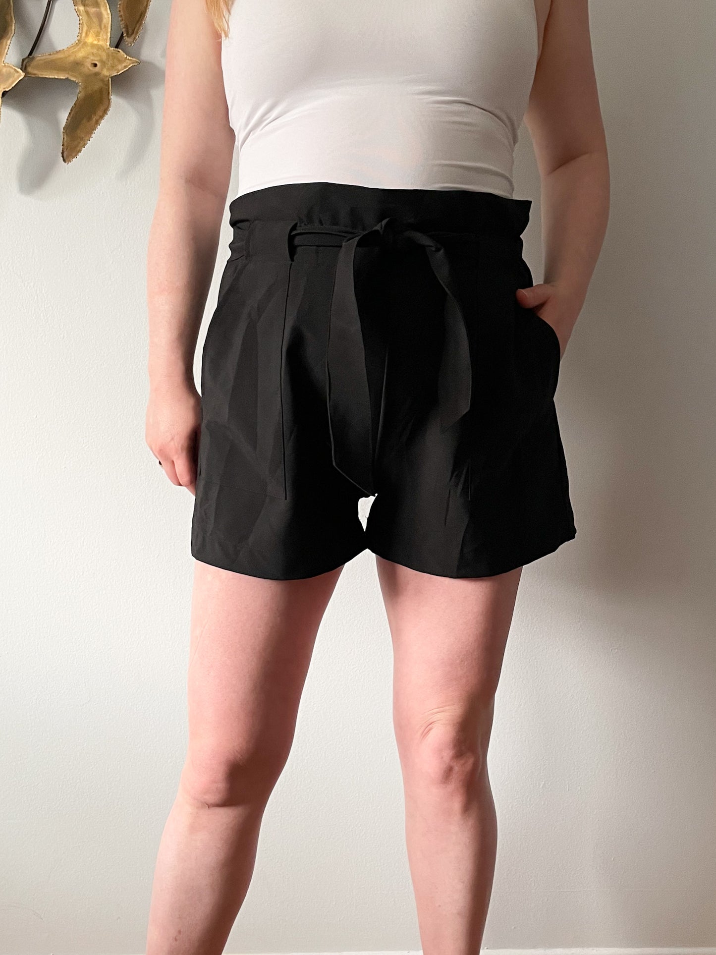 Black High Rise Paperbag Style Waist Tie Shorts - M/L