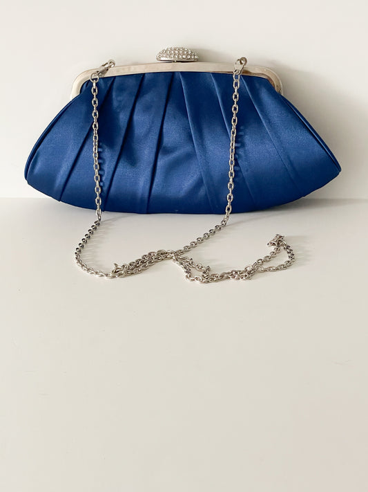 Blue Satin Silver Crystal Applique Evening Bag Clutch