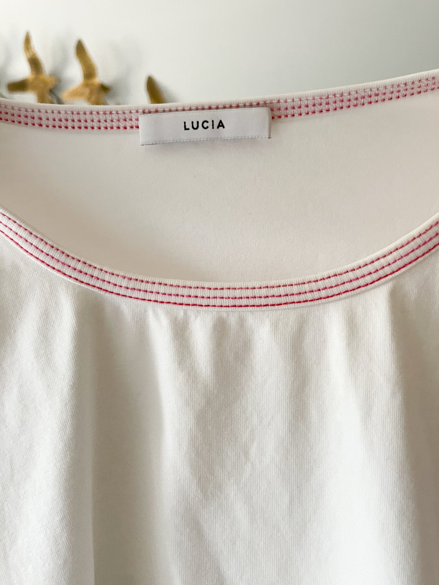 Lucia White Cotton Stretch Pink Stitched T-Shirt - Size 14