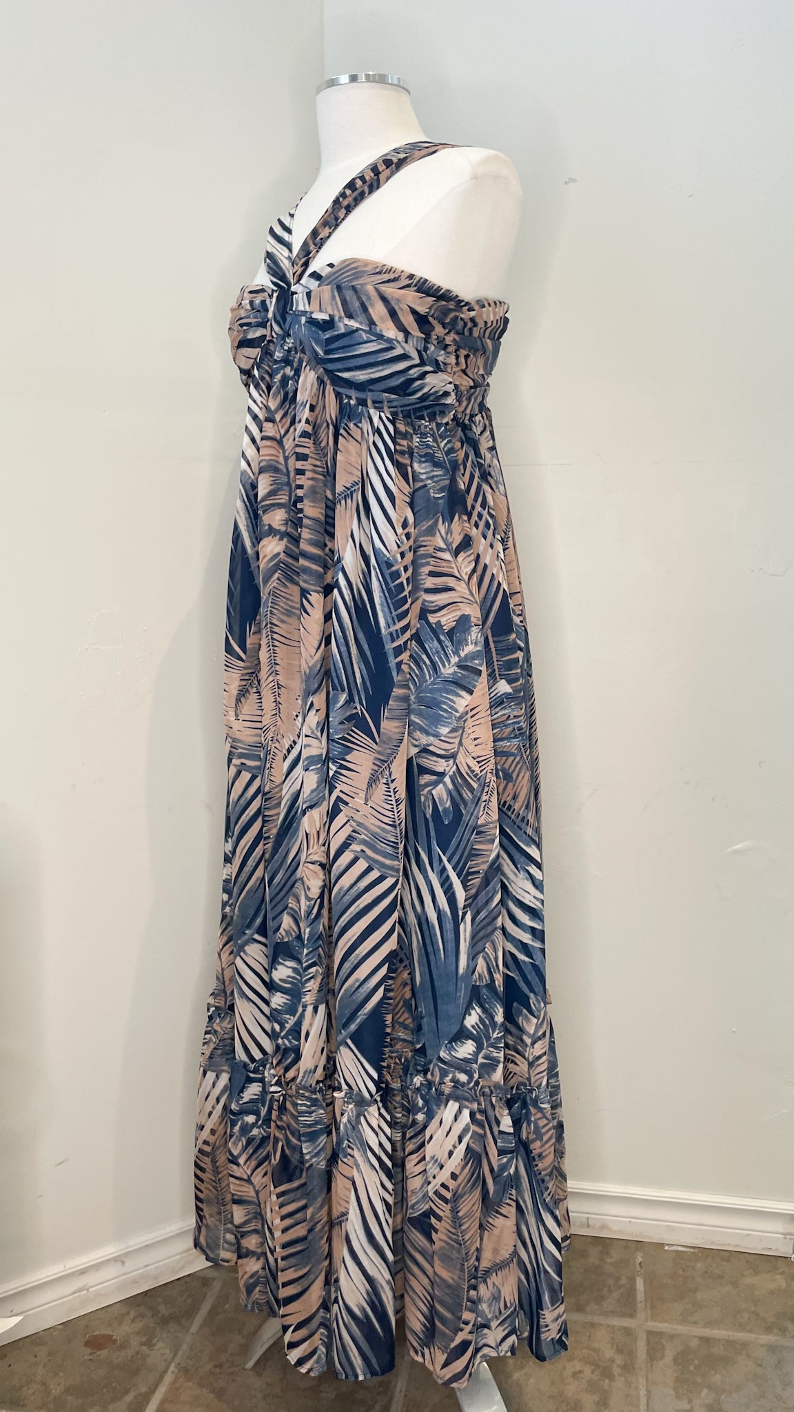 PINKBLUSH Navy Taupe Palm Print Halter Empire Waist Maxi Dress NWT - XS