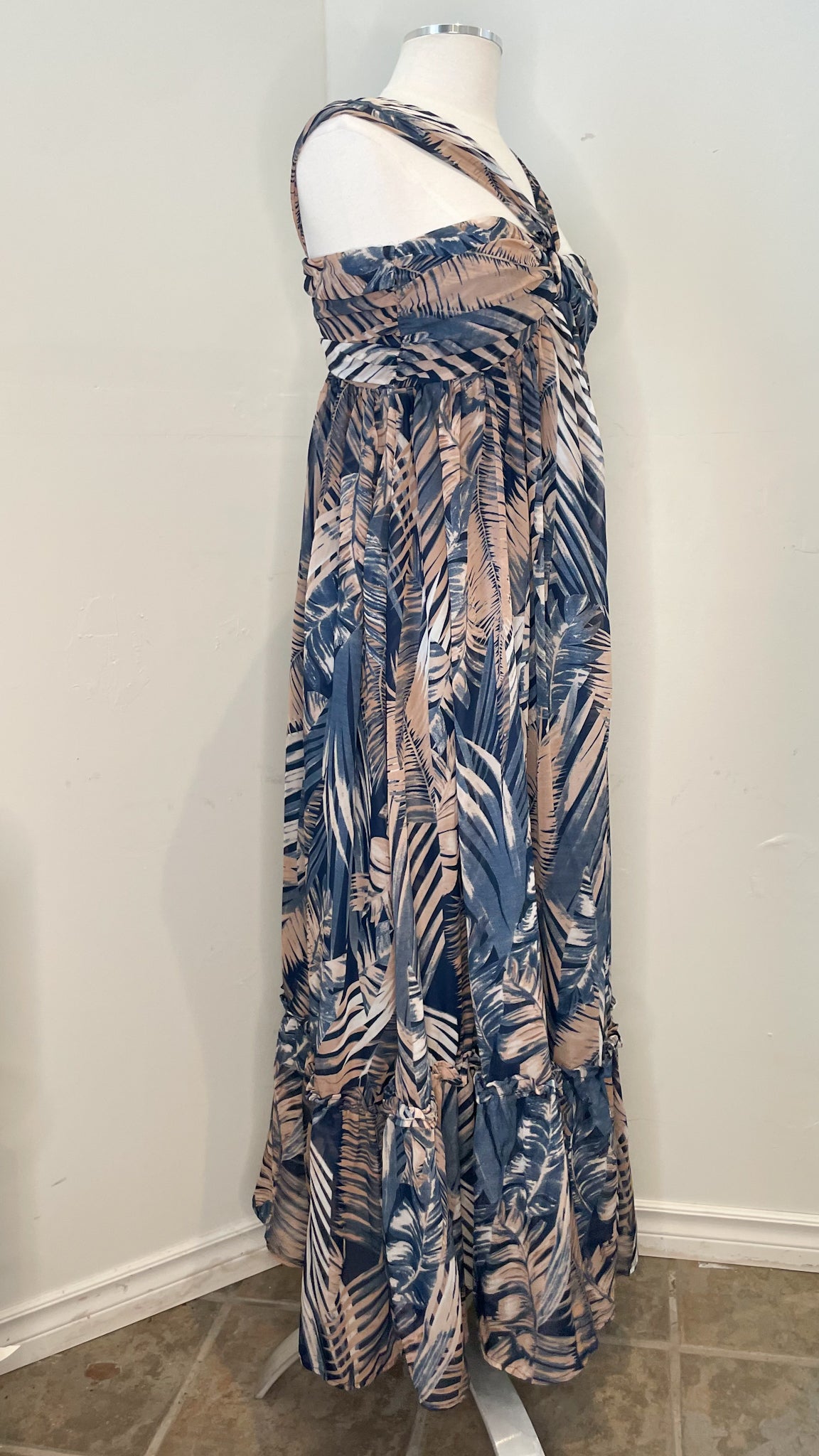 PINKBLUSH Navy Taupe Palm Print Halter Empire Waist Maxi Dress NWT - XS