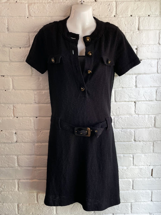 Tory Burch Black Cotton Linen Button Front Belted Utility Knit Dress - Small