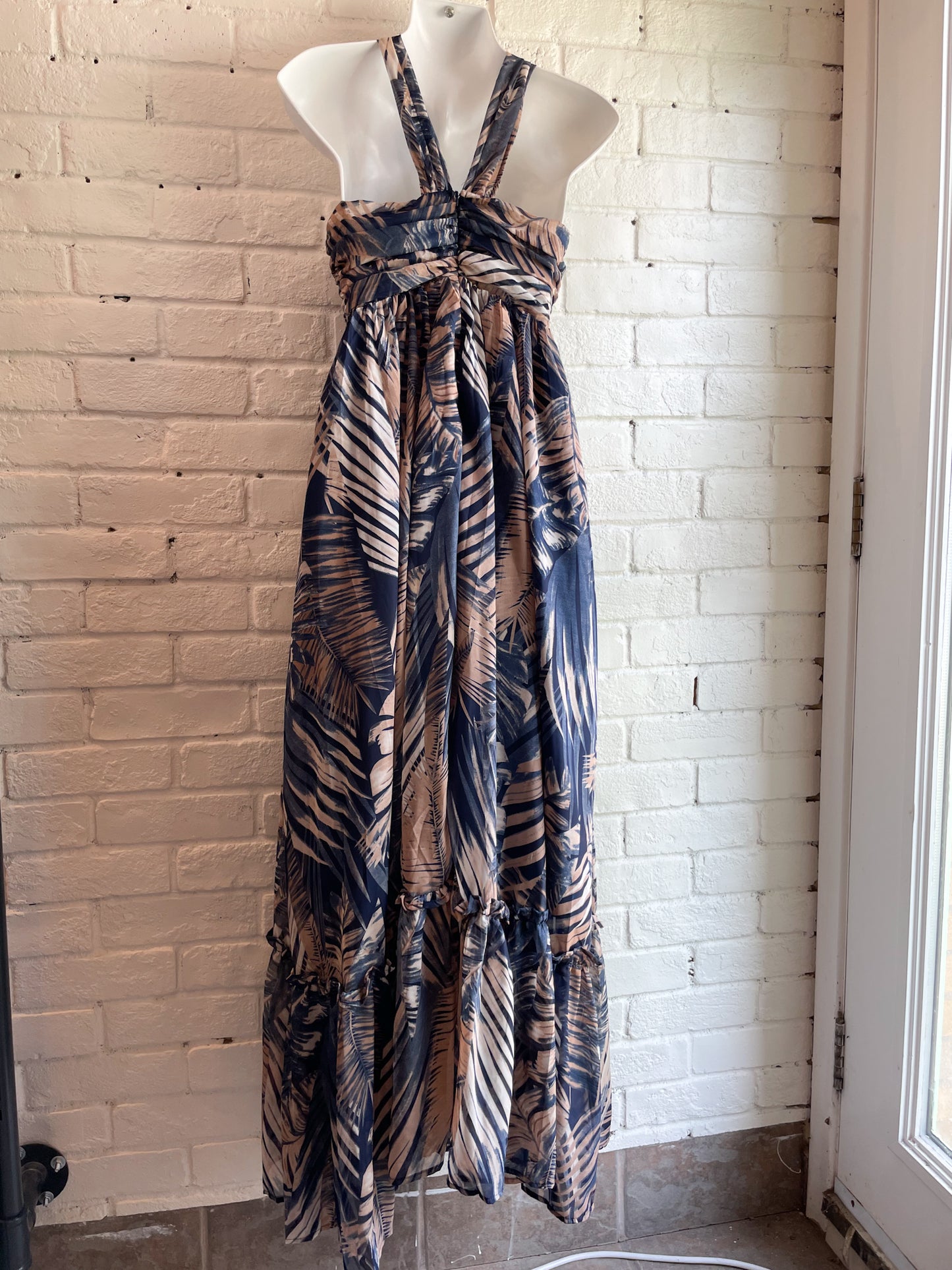 PINKBLUSH Navy Taupe Palm Print Halter Empire Waist Maxi Dress NWT - XS