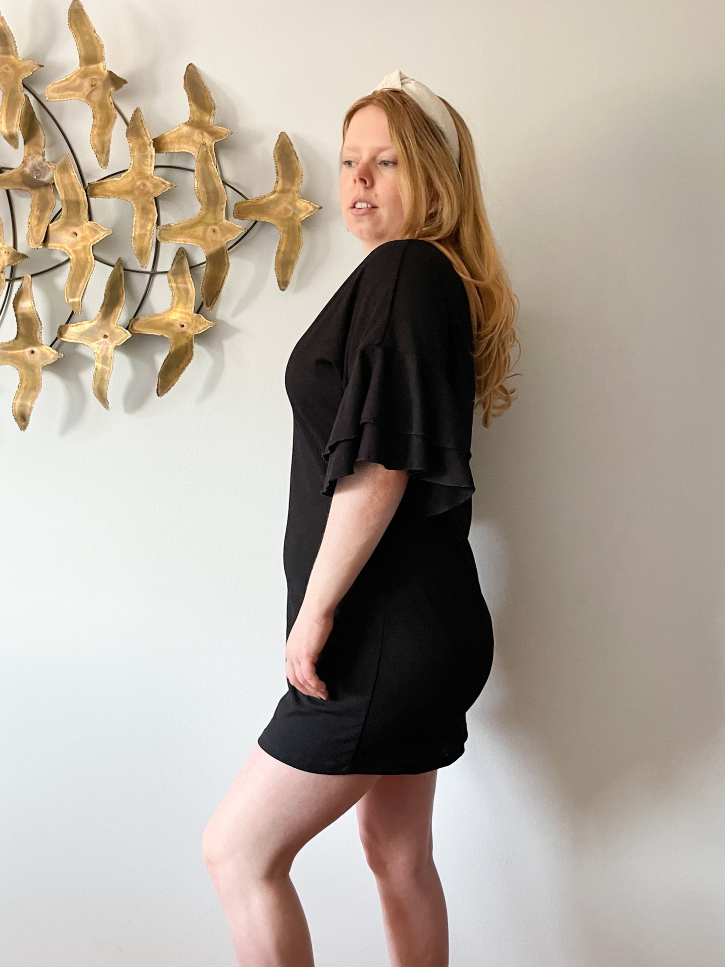 Cover Me Black V-Neck Ruffle Sleeve Swim Cover Up / Dress - L/XL
