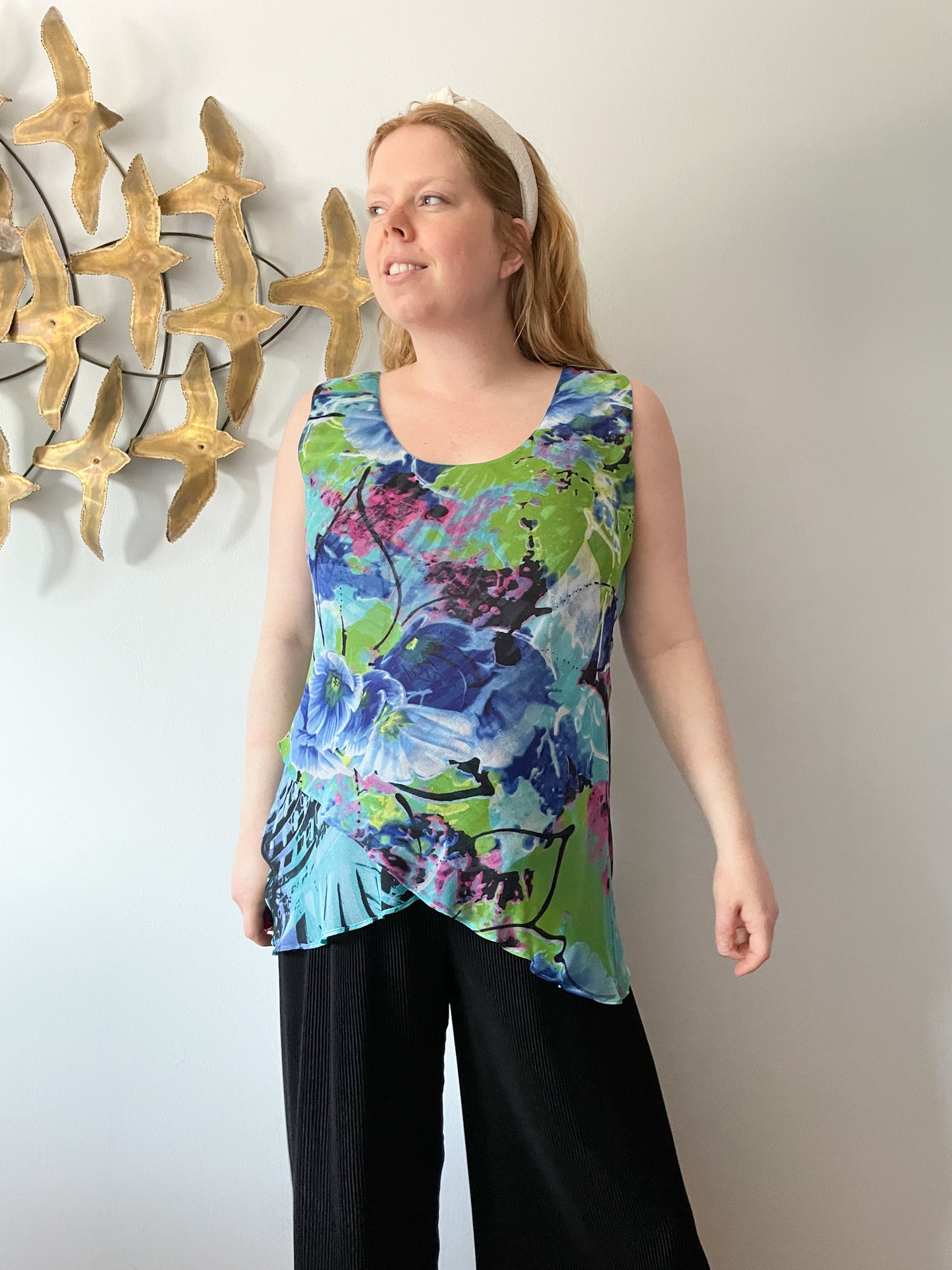 Miss Nikky Blue Green Watercolor Floral Asymmetrical Top - Large