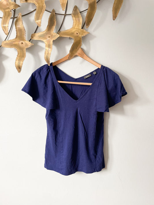 MEXX Navy Ruffle Shoulder V-Neck Cotton Modal Top - XS