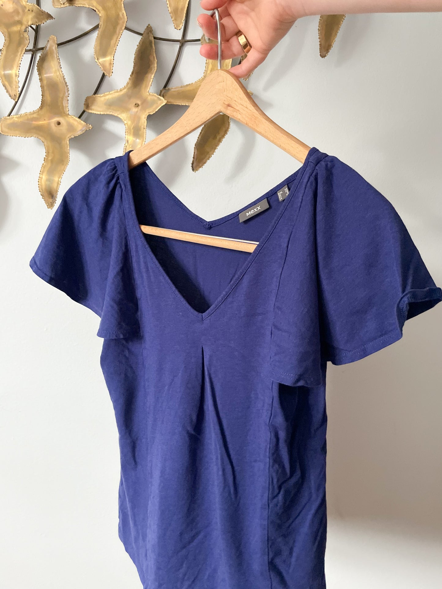 MEXX Navy Ruffle Shoulder V-Neck Cotton Modal Top - XS