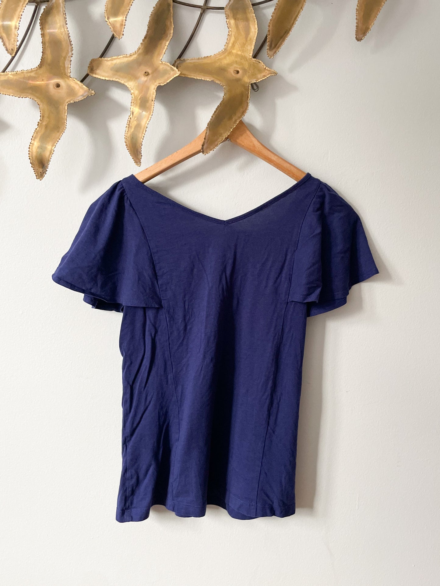MEXX Navy Ruffle Shoulder V-Neck Cotton Modal Top - XS
