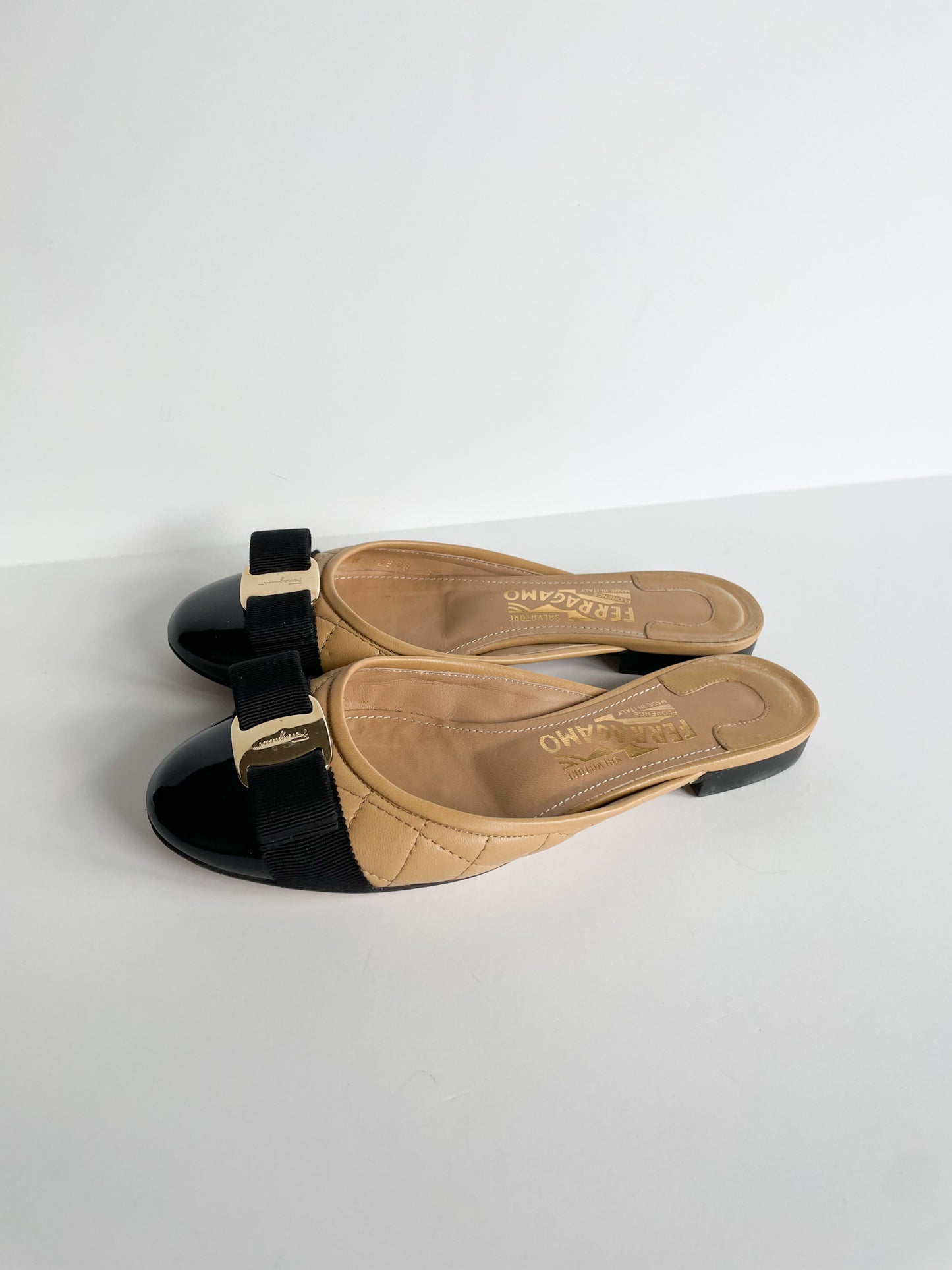 Salvatore Ferragamo Quilted Camel Slider Shoe with Vara Bow - Size 5