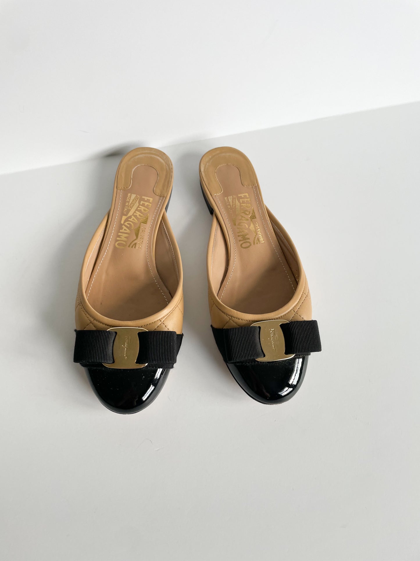 Salvatore Ferragamo Quilted Camel Slider Shoe with Vara Bow - Size 5