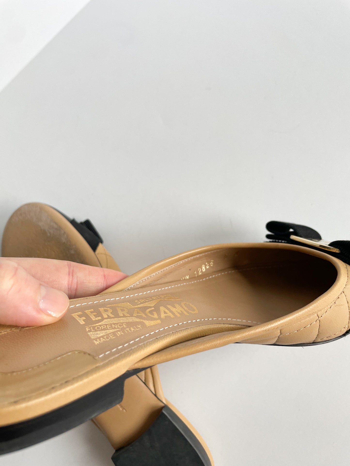 Salvatore Ferragamo Quilted Camel Slider Shoe with Vara Bow - Size 5