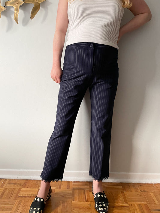 Spanner Navy Pinstripe Lace Trimmed Cropped High Rise Suit Trouser Pants - Size 12
