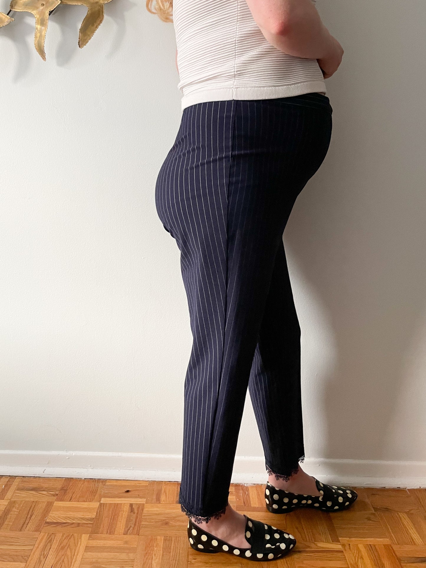 Spanner Navy Pinstripe Lace Trimmed Cropped High Rise Suit Trouser Pants - Size 12