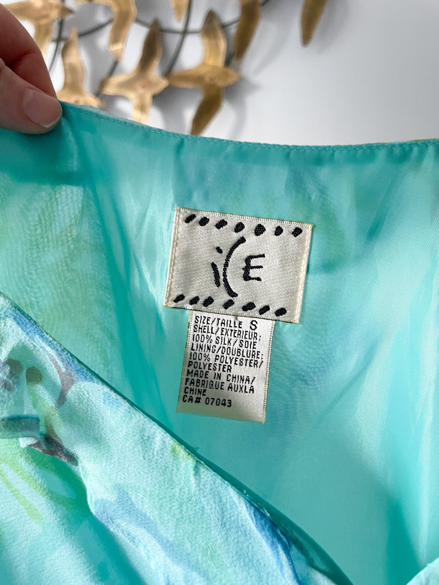 Vintage Turquoise Watercolour Floral 100% Silk Ruffle Top - Small