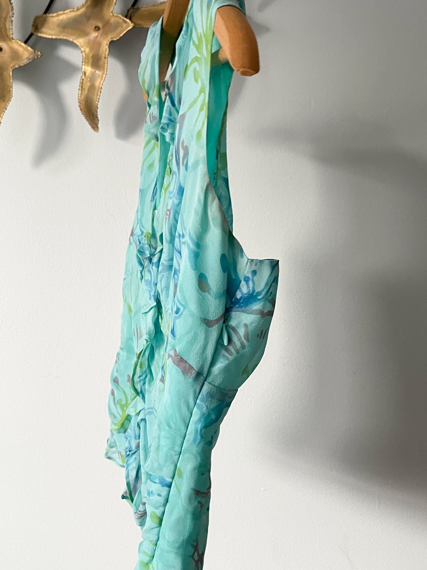 Vintage Turquoise Watercolour Floral 100% Silk Ruffle Top - Small