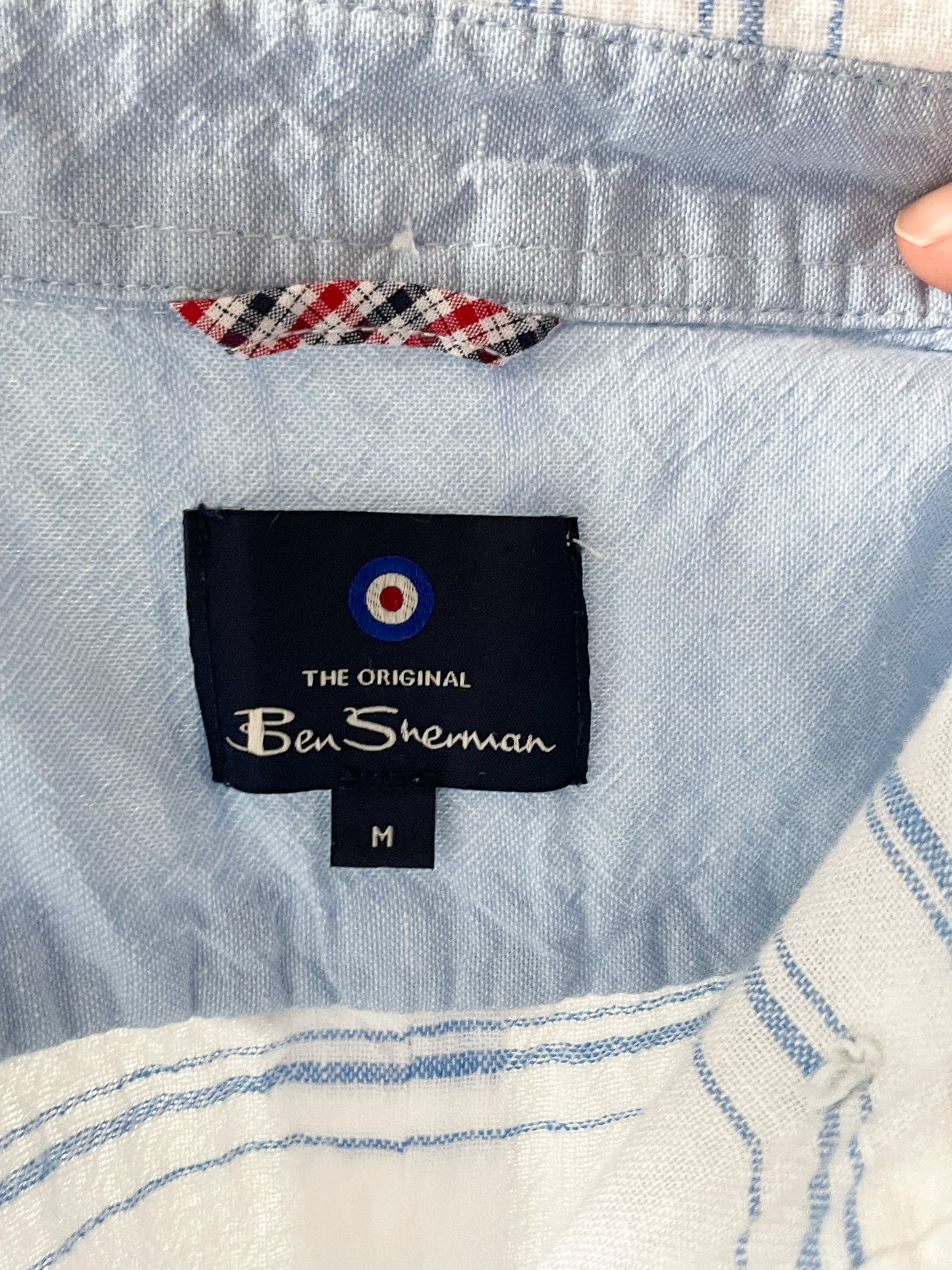 Ben Sherman Linen Blend Blue White Strip Button Front Top - Medium