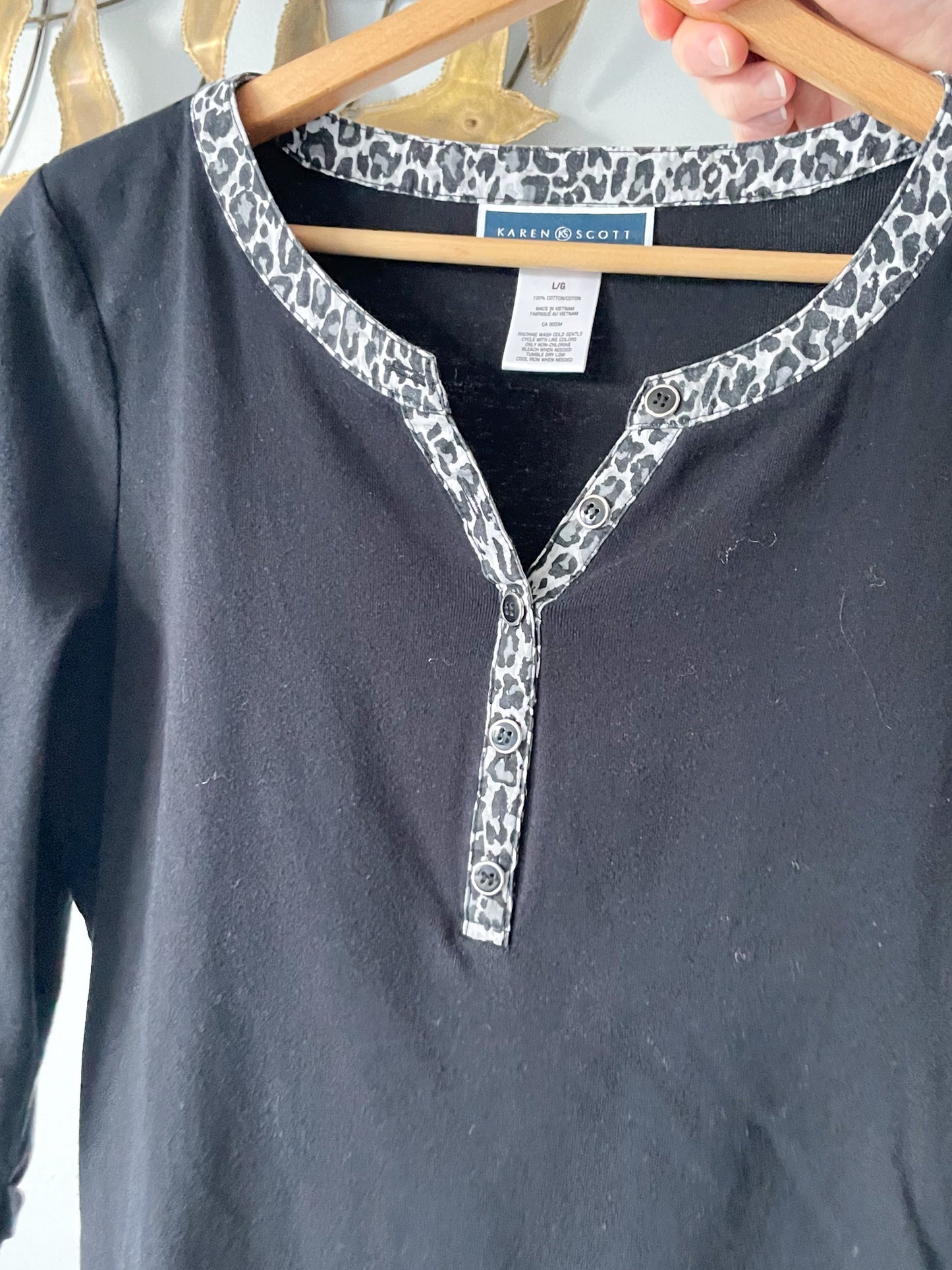 Karen Scott Black Leopard Trim 3/4 Sleeve 100% Cotton Top - L/XL