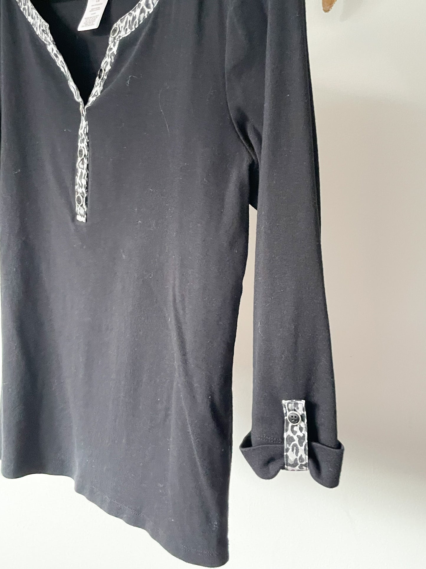 Karen Scott Black Leopard Trim 3/4 Sleeve 100% Cotton Top - L/XL
