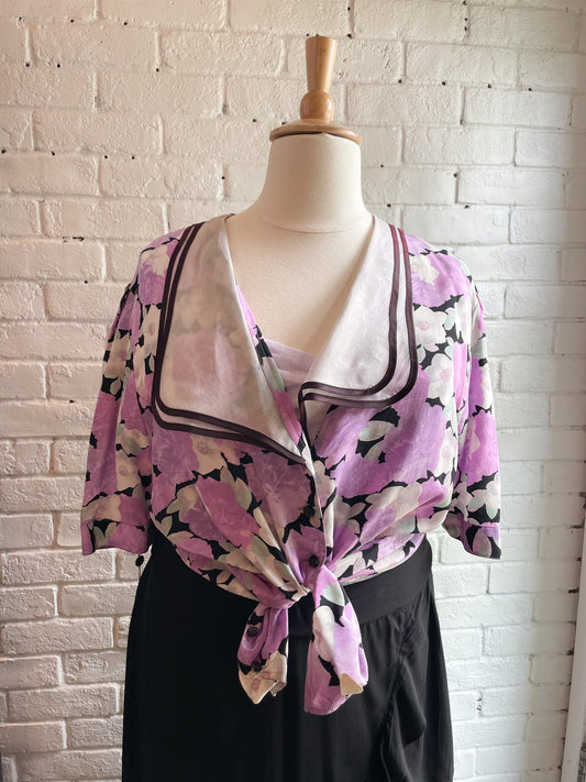 TT DUE T Vintage 100% Silk Lilac Floral Patterned Button Up Mid Sleeve Shirt NWT - Size 3XL