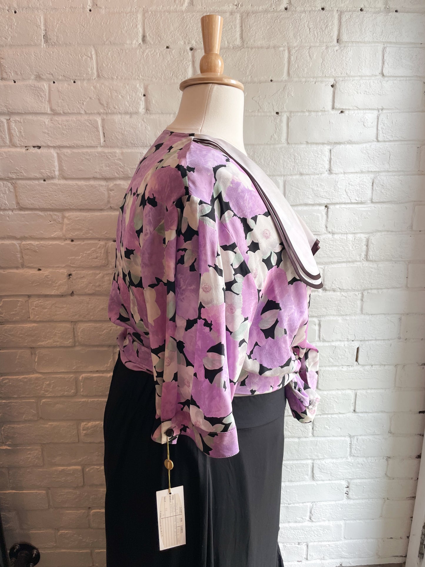TT DUE T Vintage 100% Silk Lilac Floral Patterned Button Up Mid Sleeve Shirt NWT - Size 3XL
