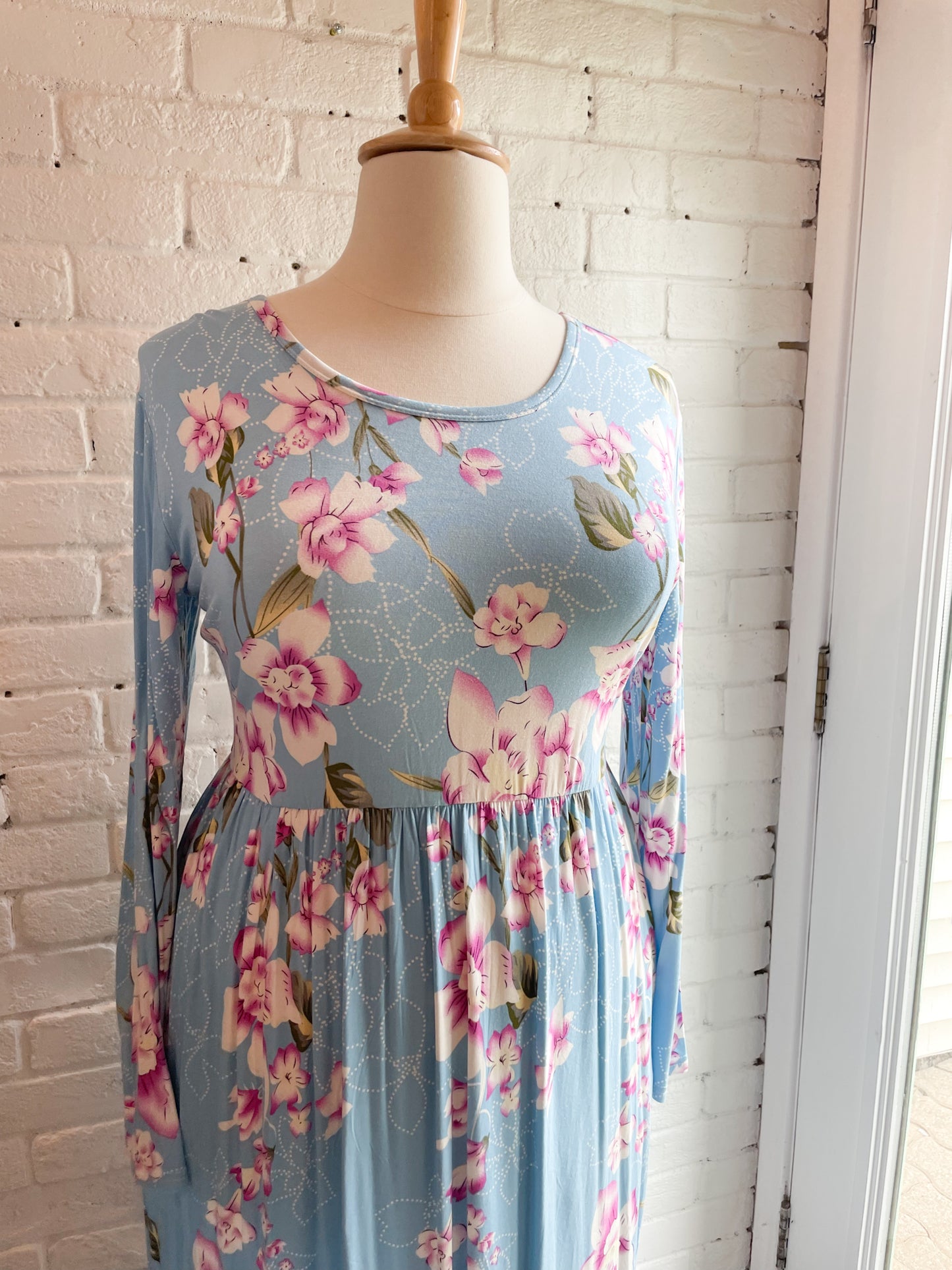 Bishuige Long Sleeved Sky Blue Floral Maxi Dress NWT - XL/2XL