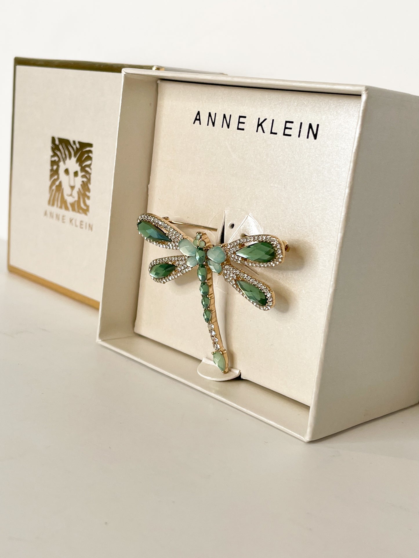 Anne Klein Green Gold Dragonfly Brooch Pin NWT