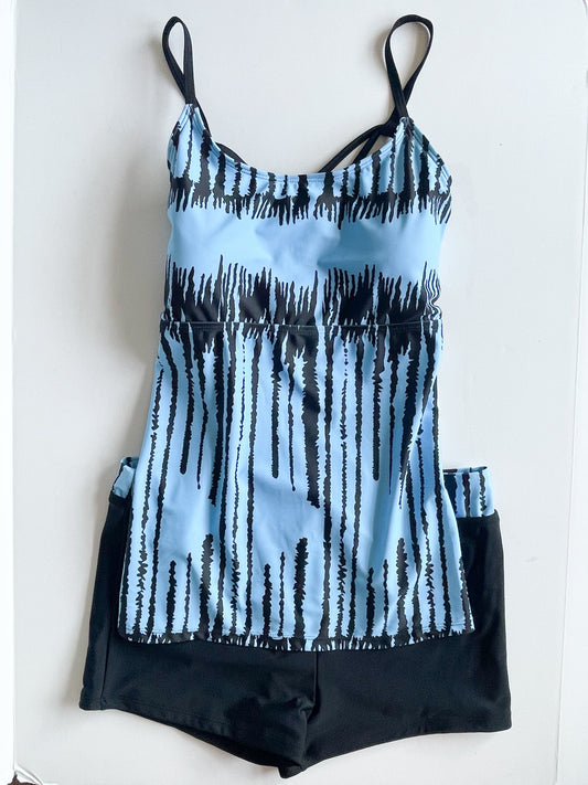 Black and Electric Blue Tankini with Bottoms Set - 2XL