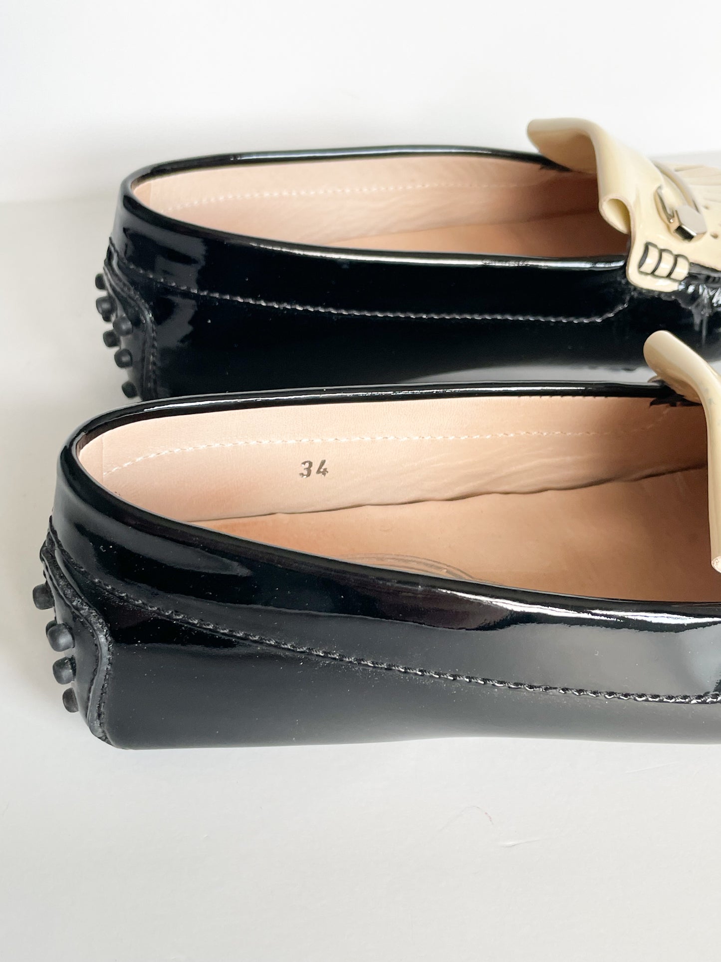 TOD'S Black Cream Fringed Patent Leather Loafers - Size 34
