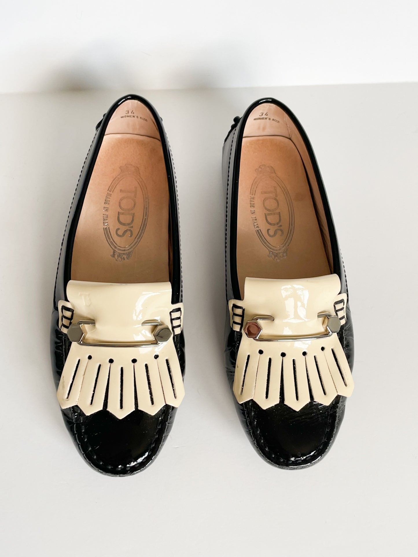 TOD'S Black Cream Fringed Patent Leather Loafers - Size 34