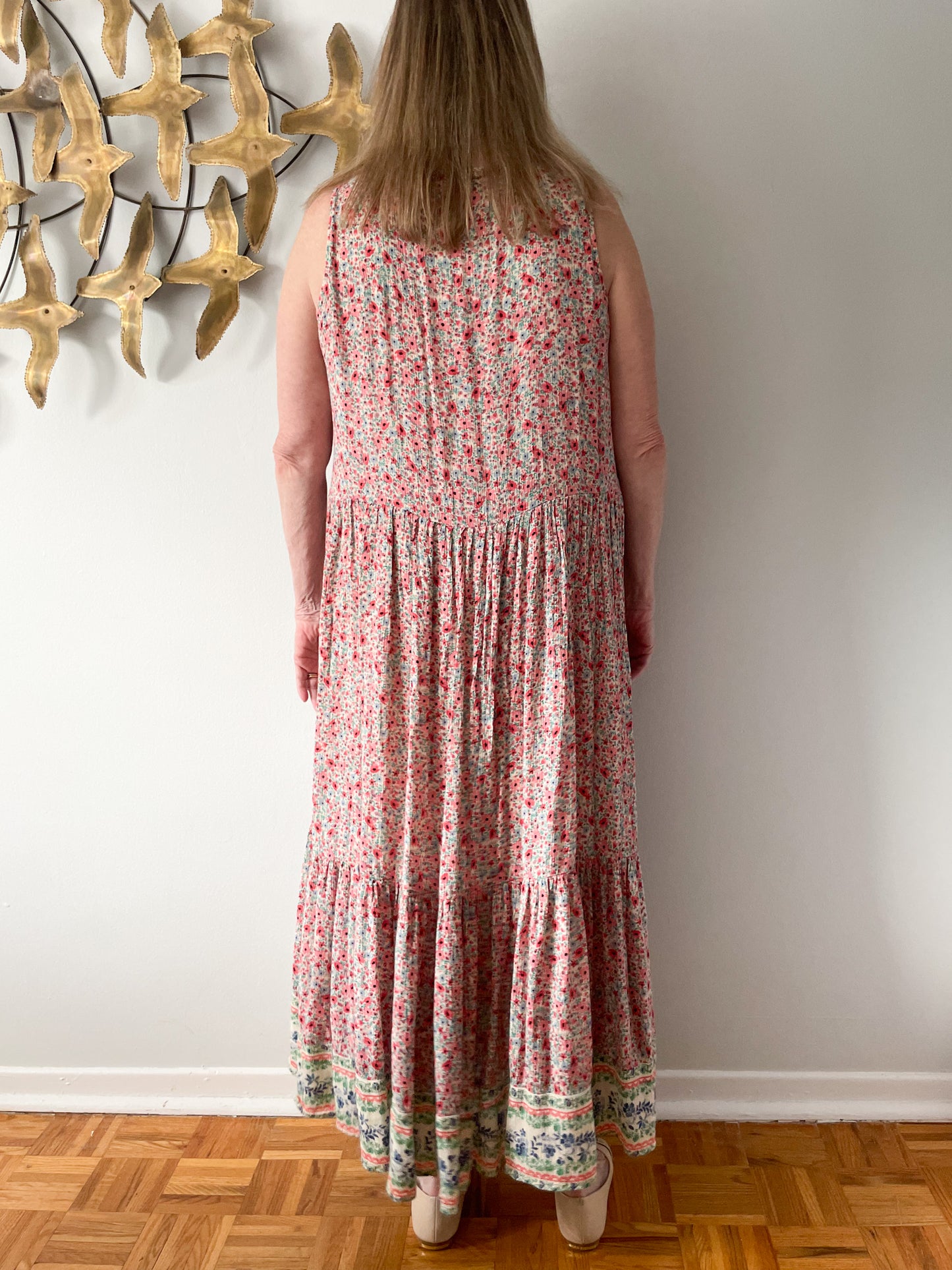 Style & Co Pink Micro Floral Boho Tiered Button Front Maxi Dress - Large